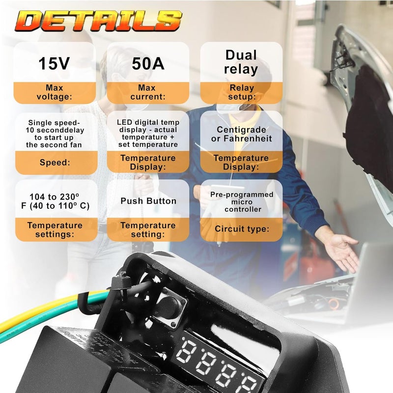 ATVMaster وحدة تحكم مروحة المبرد الرقمية 12V و 24V، نطاق درجة حرارة قابل للتعديل، وحدة تحكم مزدوجة للمروحة الكهربائية، مجموعة مفتاح مروحة حرارية استبدال # 0444 - Image 2